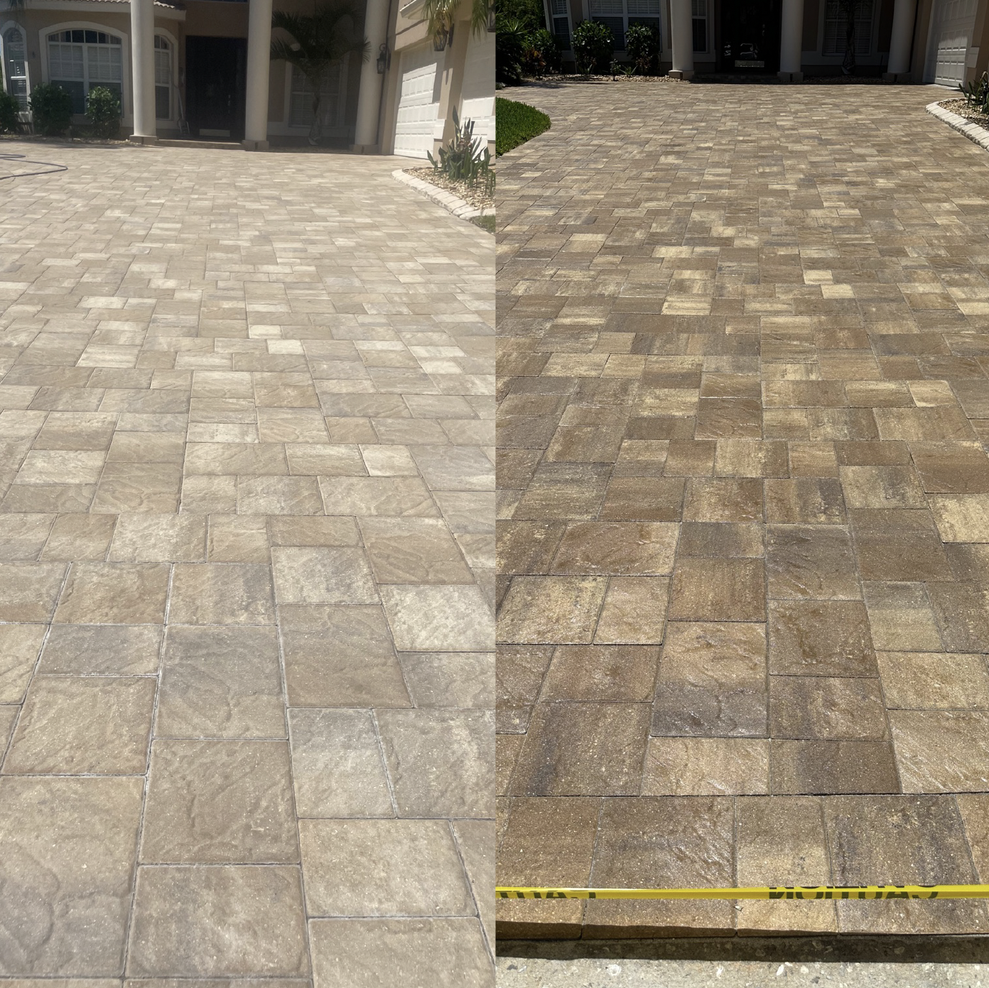 Before and after paver cleaning and sealing in Sarasota FL — color enhancement